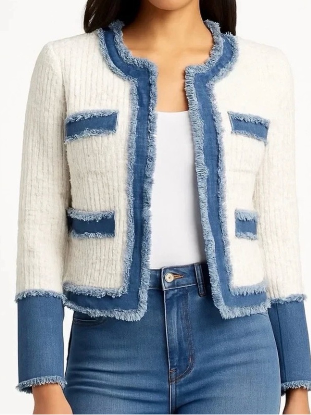 Nanette Lepore Jacket Julia Tweed White Sequins Sparkles Blue Denim Jean Coat